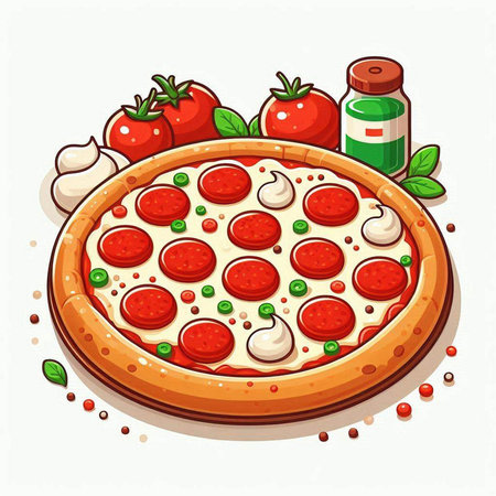 Pizza with tomato, mozzarella and basil. Vector illustration.のイラスト素材