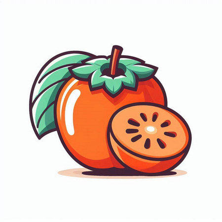 Ripe persimmon fruit with leaf. Vector illustration in cartoon styleのイラスト素材