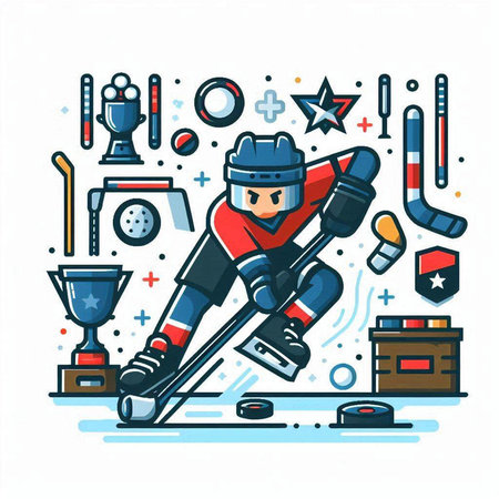 Hockey player on ice. Vector illustration in thin line style.のイラスト素材