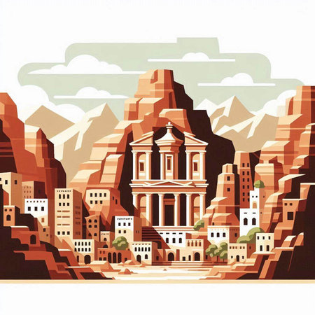 Illustration of a view of the ancient city of Petra, Jordanのイラスト素材