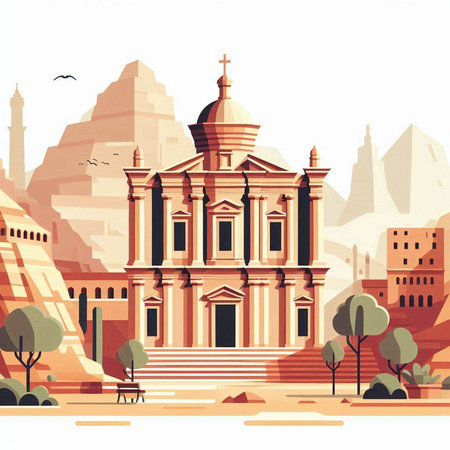 Egyptian temple in the desert. Retro style. Vector illustration.のイラスト素材
