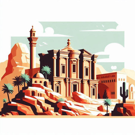 Egyptian temple in the desert. Landscape of Egypt. Vector illustrationのイラスト素材