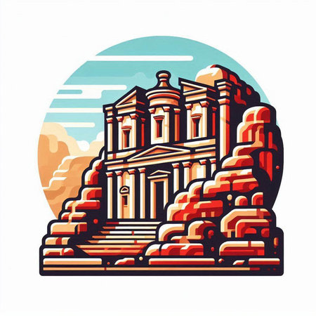 Ancient temple in the middle of the desert. Colorful vector illustration.のイラスト素材