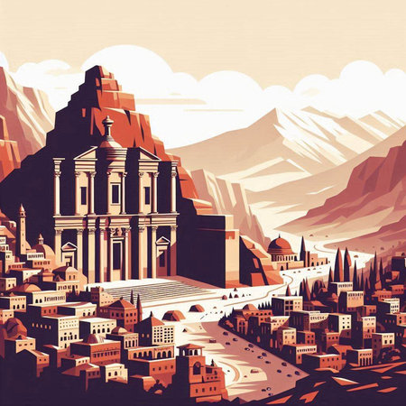 Cityscape of Meteora, Greece. Vector illustration in retro styleのイラスト素材