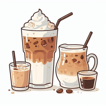 Illustration of Iced coffee with whipped cream and coffee beans.のイラスト素材