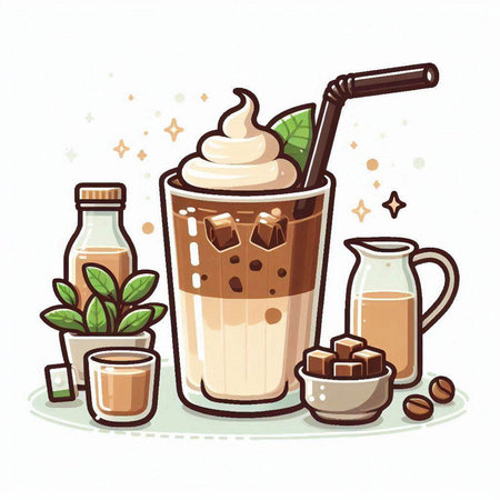 Iced coffee drink with milk and ice cubes. Vector illustration.のイラスト素材