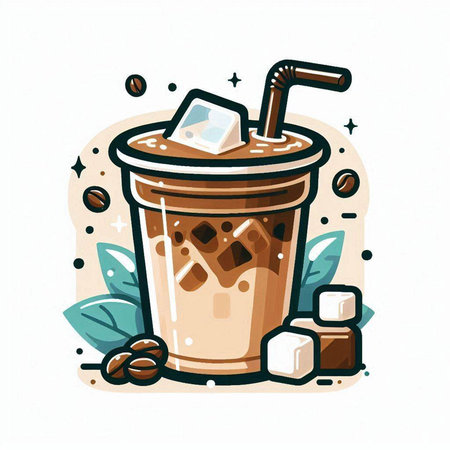 Iced coffee in plastic cup with straw and ice cubes. Vector illustration.のイラスト素材