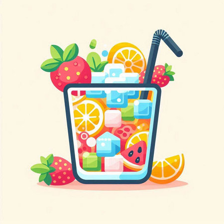 Fruit cocktail with ice cubes and fruits. Flat vector illustration.のイラスト素材
