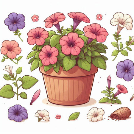 Vector illustration of a flowerpot with petunias and other plantsのイラスト素材