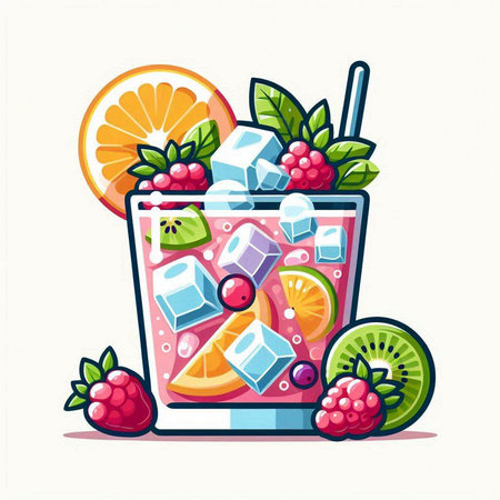 Cocktail with ice, fruits and berries. Vector illustration.のイラスト素材