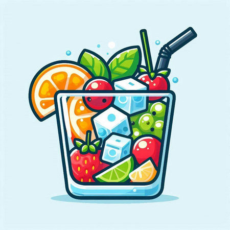 Cocktail with ice cubes and fruits. Vector illustration in cartoon style.のイラスト素材