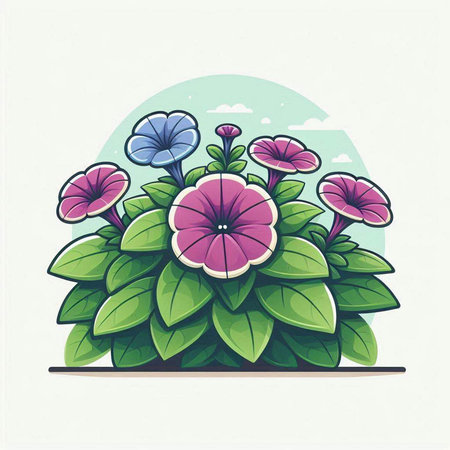 Morning glory flowers in the garden. Vector illustration in cartoon style.のイラスト素材