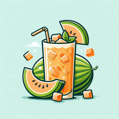 Cocktail with melon, ice cubes and mint. Vector illustrationのイラスト素材