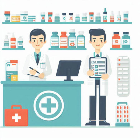 Male pharmacist at the counter in drugstore. Flat style vector illustration.のイラスト素材