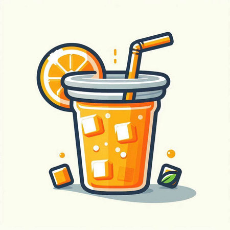 Orange juice in a glass with a straw and ice cubes. Vector illustration.のイラスト素材