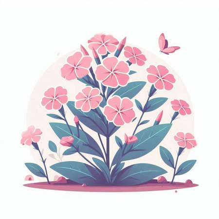 Beautiful pink flowers and butterflies on white background. Vector illustration.のイラスト素材