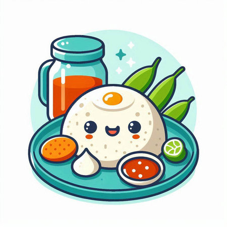 Illustration of a cute kawaii rice ball on a plateのイラスト素材
