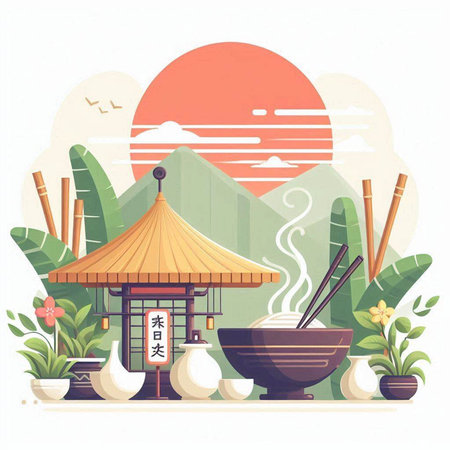 Vector Illustration of a Chinese Restaurant with Asian Landscape Background.のイラスト素材