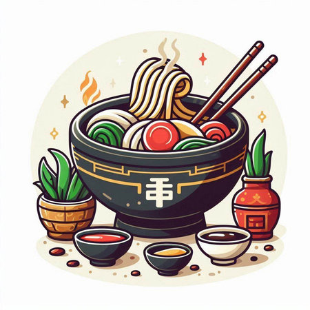Noodles in bowl with chopsticks and soy sauce. Vector illustrationのイラスト素材