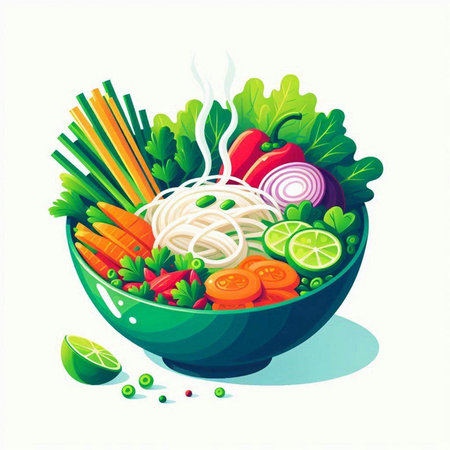 Vector illustration of a bowl of noodle soup with vegetables and herbsのイラスト素材