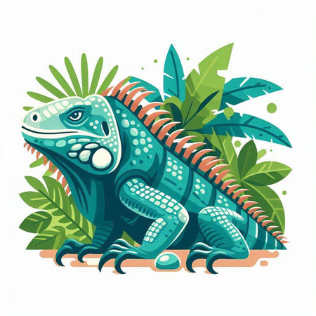 Green iguana on a background of tropical plants. Vector illustration.のイラスト素材
