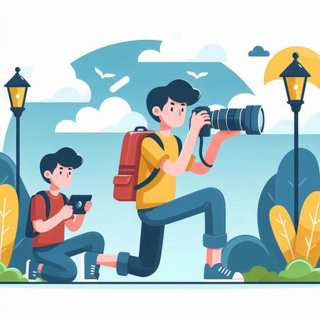 Photographer man with camera and backpack. Vector illustration in flat styleのイラスト素材