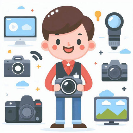 Photographer man with camera and other equipment. Vector flat illustration.のイラスト素材