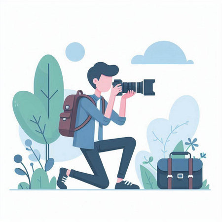 Photographer with camera and backpack. Vector illustration in flat style.のイラスト素材