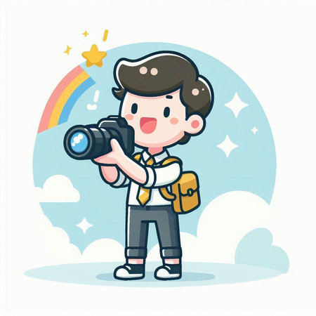 Boy taking photo with camera. Vector illustration in cartoon comic style.のイラスト素材