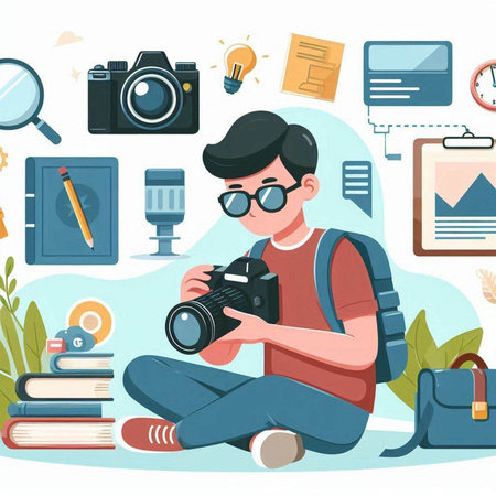 Photographer with camera on the background of the Internet. Vector illustrationのイラスト素材