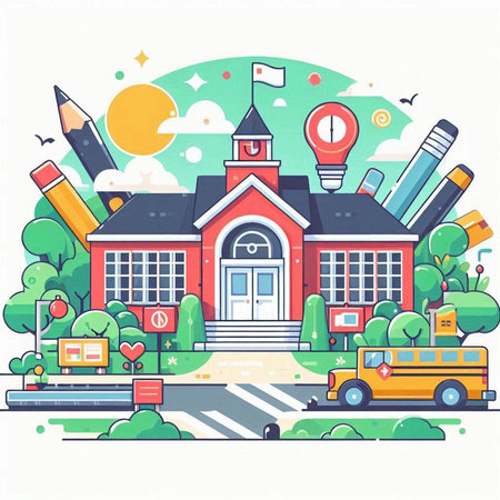 Vector illustration of school building in flat line style with school bus, books, pencils, lamp, globe and other elements.のイラスト素材