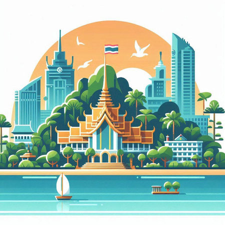 Thailand travel concept. Vector illustration in flat style with cityscape and landmarks.のイラスト素材