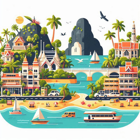 Travel to Thailand. Vector illustration in flat style. Traveling around the world.のイラスト素材