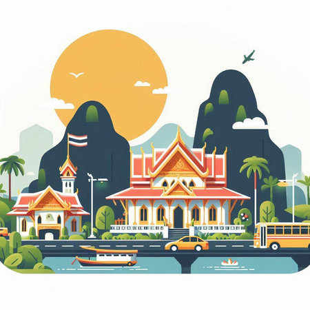 Thai temple on the river. Vector illustration in flat style.のイラスト素材