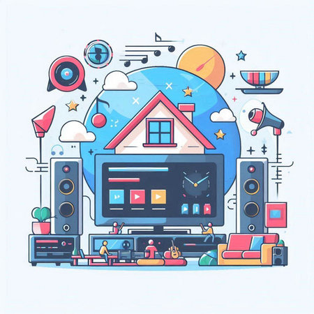 Home entertainment concept. Vector illustration in thin line style. Colorful flat design.のイラスト素材