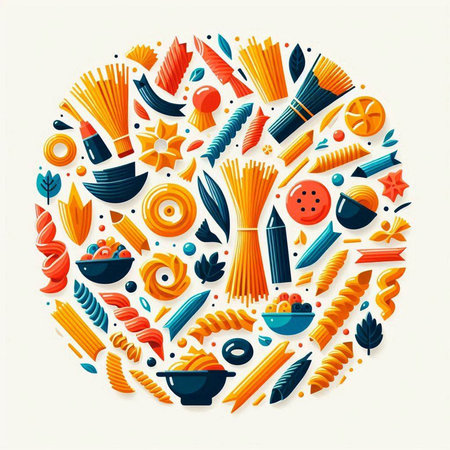 Italian food round composition with pasta and vegetables in flat style vector illustrationのイラスト素材