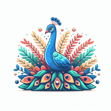 Peacock on a background of flowers and leaves. Vector illustration.のイラスト素材