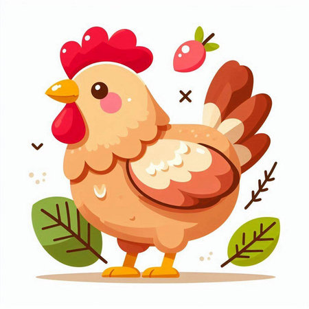 Cute cartoon chicken with apples. Vector illustration in flat style.のイラスト素材
