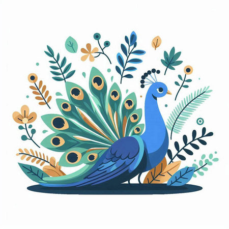 Peacock with flowers and leaves. Hand drawn vector illustration.のイラスト素材
