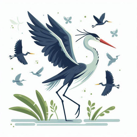 Heron with flying birds. Vector illustration in a flat style.のイラスト素材