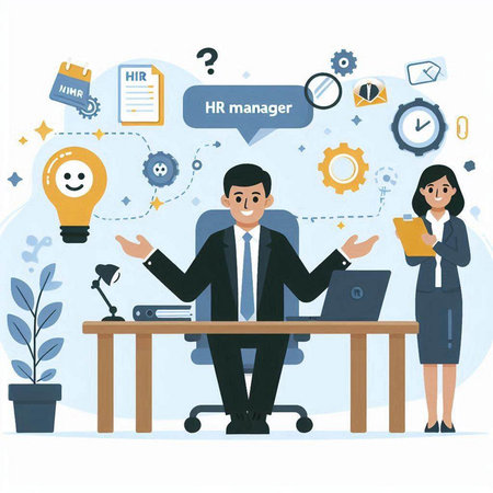 Businessman and businesswoman sitting at the office desk. Vector illustrationのイラスト素材