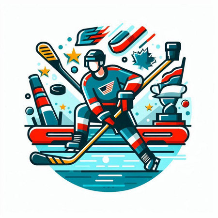 Ice hockey player with sticks and puck. Vector illustration in cartoon style.のイラスト素材