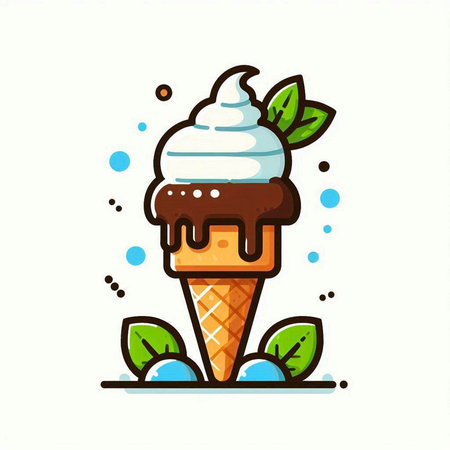 Ice cream in a waffle cone with chocolate and mint leaves. Vector illustration.のイラスト素材