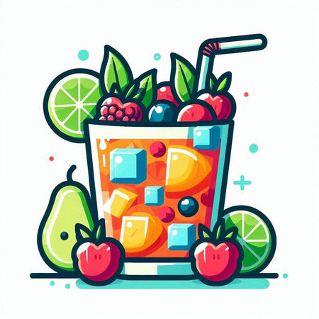 Cocktail with fruits and berries. Colorful vector illustration.のイラスト素材