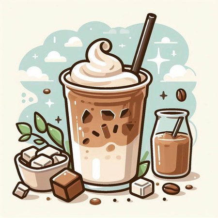 Iced coffee with whipped cream and coffee beans. Vector illustration.のイラスト素材