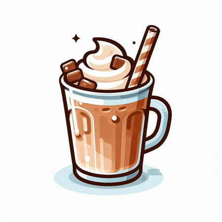 Cup of hot chocolate with whipped cream and wafer stick. Vector illustration.のイラスト素材