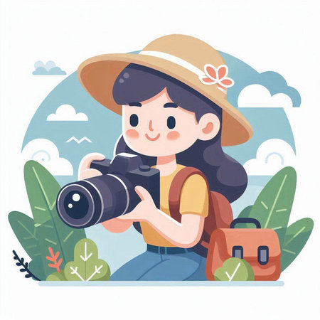 Tourist girl with camera on the background of nature. Vector illustrationのイラスト素材