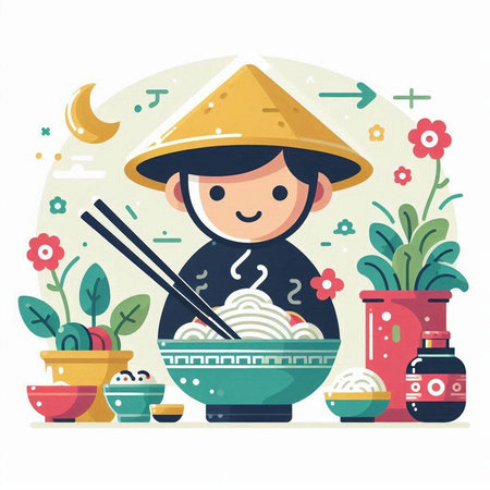 Illustration of a boy in chinese hat with rice bowl.のイラスト素材
