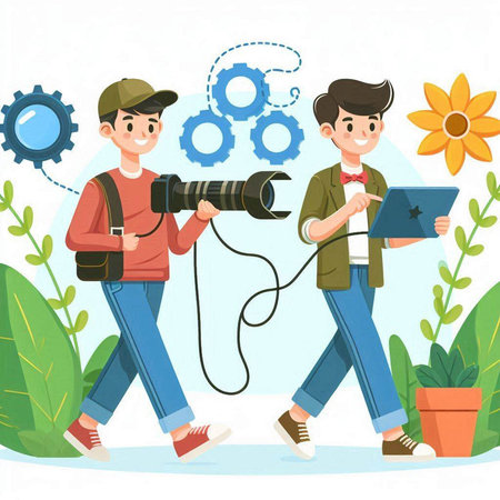 Photographer and cameraman with camera. Vector illustration in cartoon styleのイラスト素材