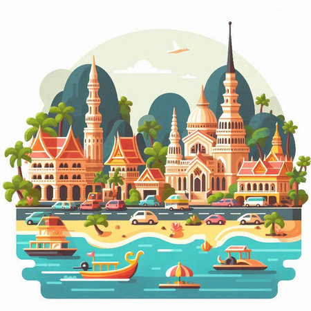 Travel to Thailand. Vector illustration in flat style on white background.のイラスト素材